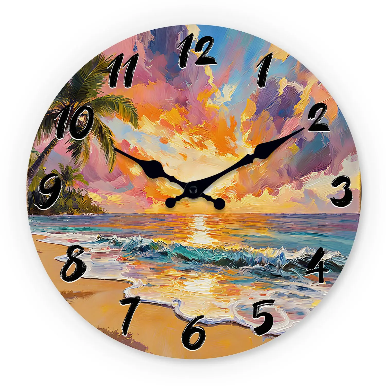 Impressionist Tropical Beach Sunset Wooden Wall Clock, Silent 10-14 Inch Battery Operated, Perfect for Living Room Bedroom Vacation House