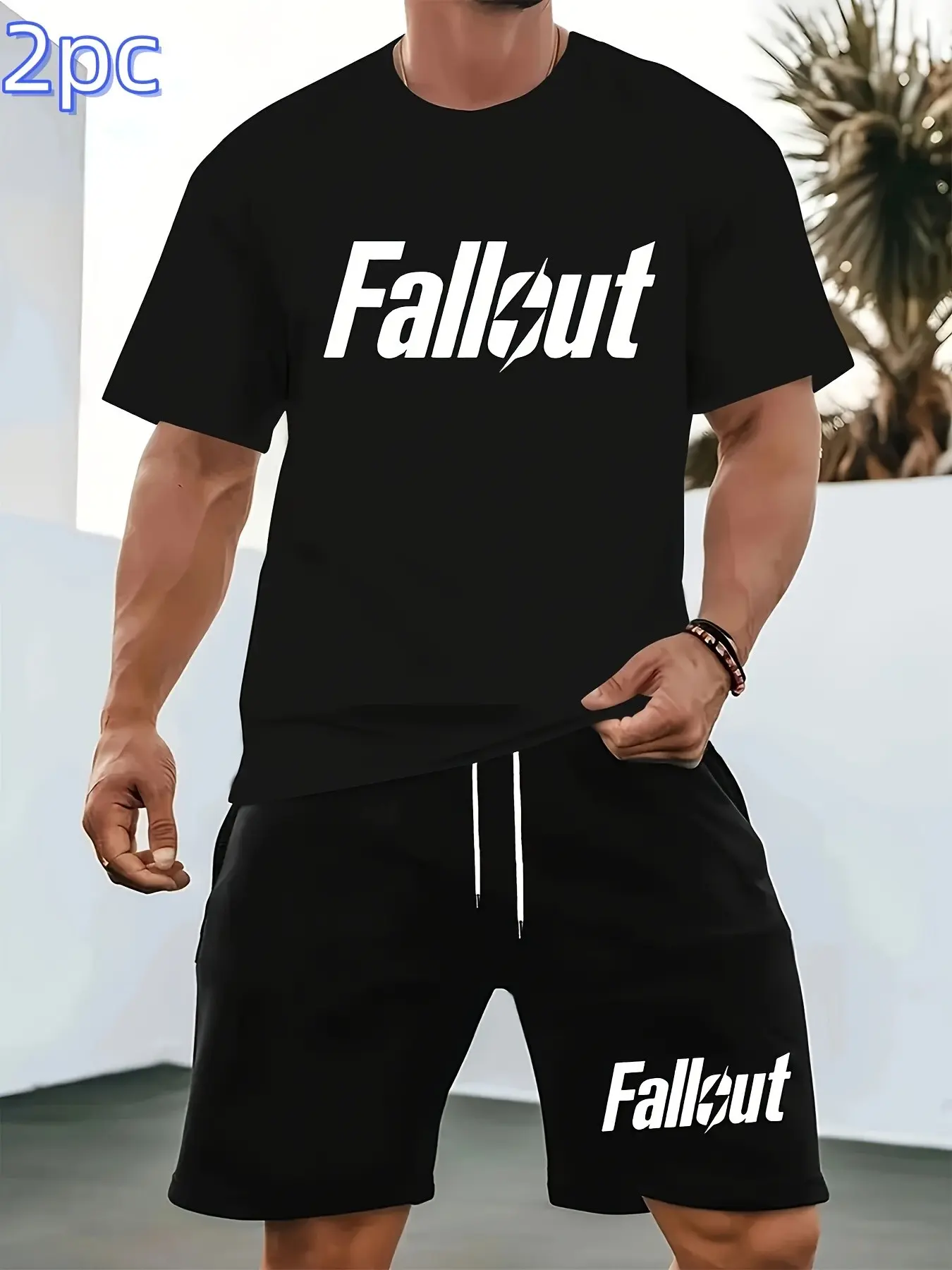 Fallout-Themed Trendy Short-Sleeve Set: Men's Summer T-Shirt + Drawstring Shorts. Breathable, Wrinkle-Resistant, and Moisture-Wicking. Suitable for Daily Commutes, Workouts, and Vacations