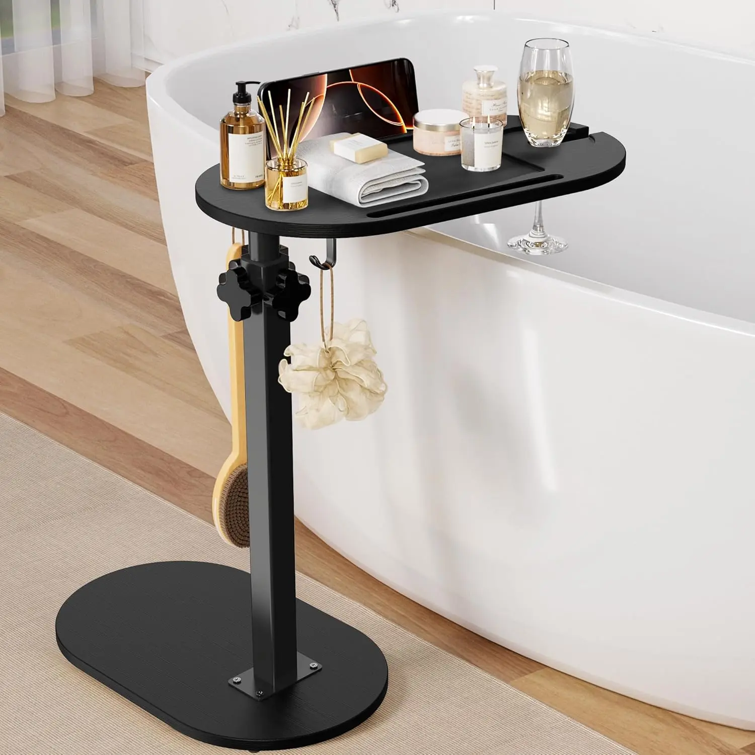 Modern Bamboo Foldable Adjustable-Height Metal Bathtub Table - Freestanding Bath Tray Caddy, Tub Organizer, Ideal House Warming, Bridal Shower Gift for Women