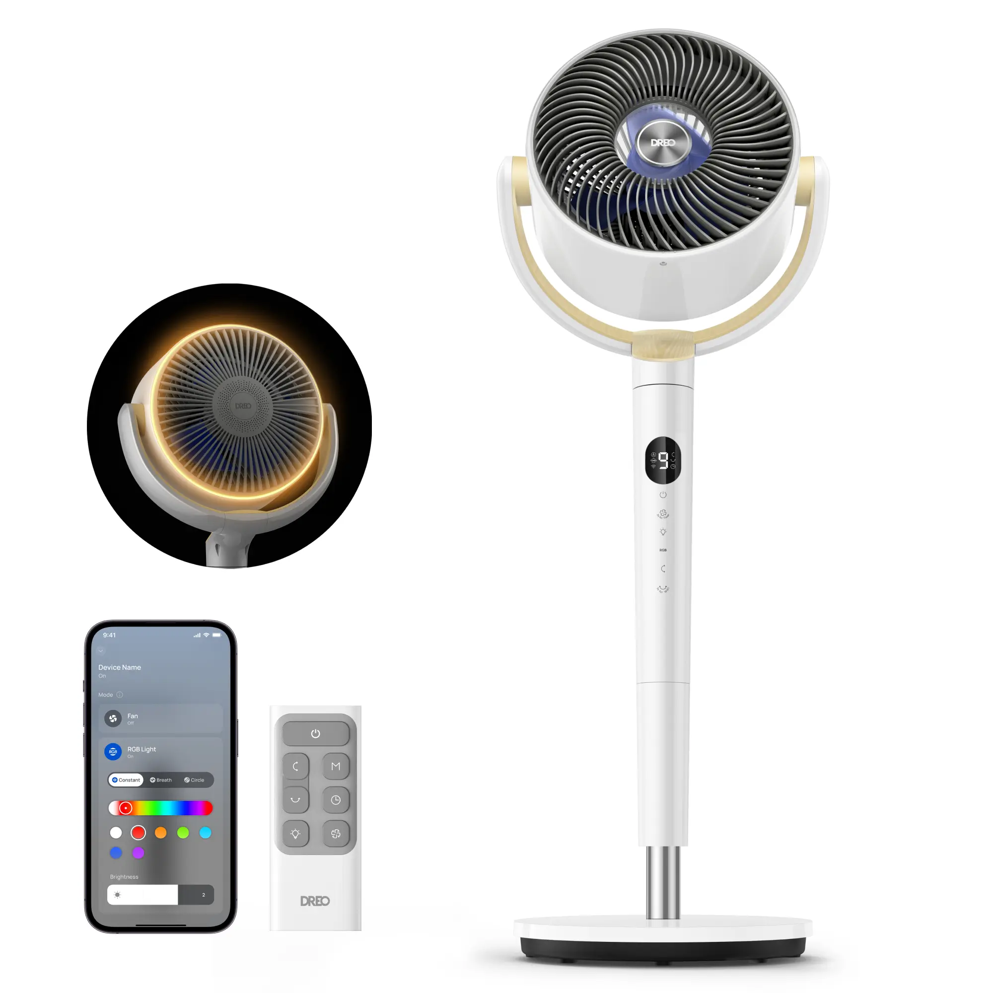 DREO Smart Pedestal Fan for Bedroom - Home Goods, Cool Room Gadgets, Adjustable Ht. 37-42in, 120°+120° Omni-Directional Oscillation, 20dB Quiet, 9 Speeds, 6 Modes, 8H Timer, Wireless RGB Light, Wi-Fi Voice/Amazon Alexa Control, Remote, for Working