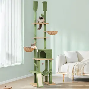 Cactus Cat Tree Floor to Ceiling Cat Tower with Adjustable Height(85-112 Inches), 7 Tiers Climbing Activity Center with Cozy Hammocks, 5 Platforms and Scratching Posts for Indoor Cats