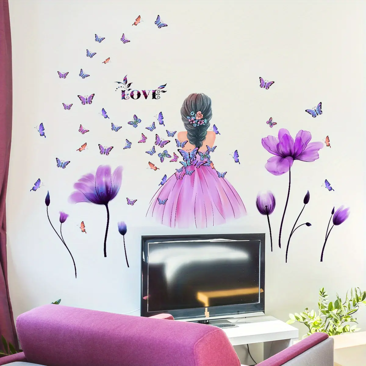 A set (30*60cm*4 pieces) of purple tulip back butterfly wall stickers decorations for bedroom, living room and bathroom background wall beautification and decoration Wall Decal MS1596