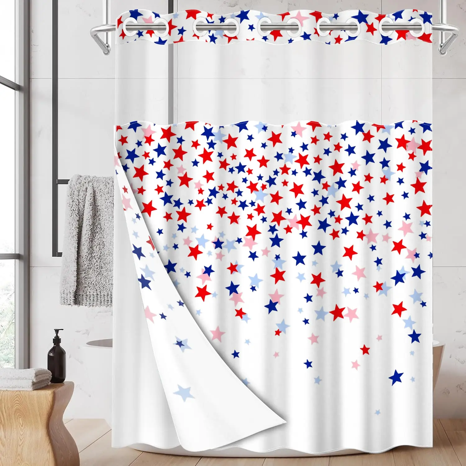 1PC 2D Flat Independence Day Tone Star Shower Curtain, Red White Navy Color Block Print, American Retro Holiday Bathroom Accessory Curtain (No Hooks)