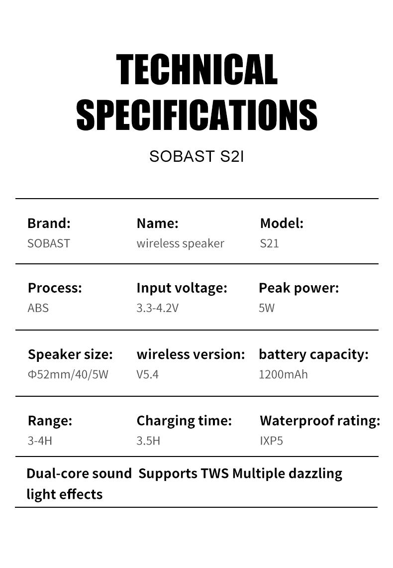 SOBAST Outdoor Bluetooth Speaker IPX5 Waterproof 360° Surround Sound RGB Lights Long Battery Life Powerful Bass Perfect for Home & Outdoor Use Supports Calling Audio Smartphone