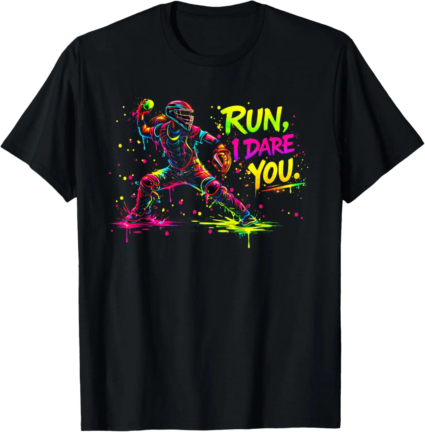 Men's Crewneck Cotton T-Shirt - Girls Softball Catcher Graphic, Bold Color Splatter Backstop Design, Adult T-Shirt - All Seasons, Basic, Casual Top for Youth, Adult T-Shirt / M