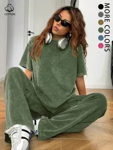 Women's Casual Loose Fit Acid Washed Cotton Short Sleeve T-Shirt and Long Pants Two-Piece Set, All Seasons, Plain Style