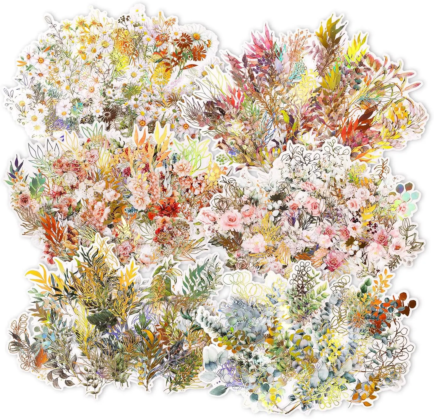 6-Set Hand Tool Kit with 240Pcs Transparent Iridescent Flower Eucalyptus Stickers, Floral Decals for Scrapbooking, DIY Crafts, Birthday, Wedding Decorations, Lunch Boxes, Notebook Covers, Art Journal