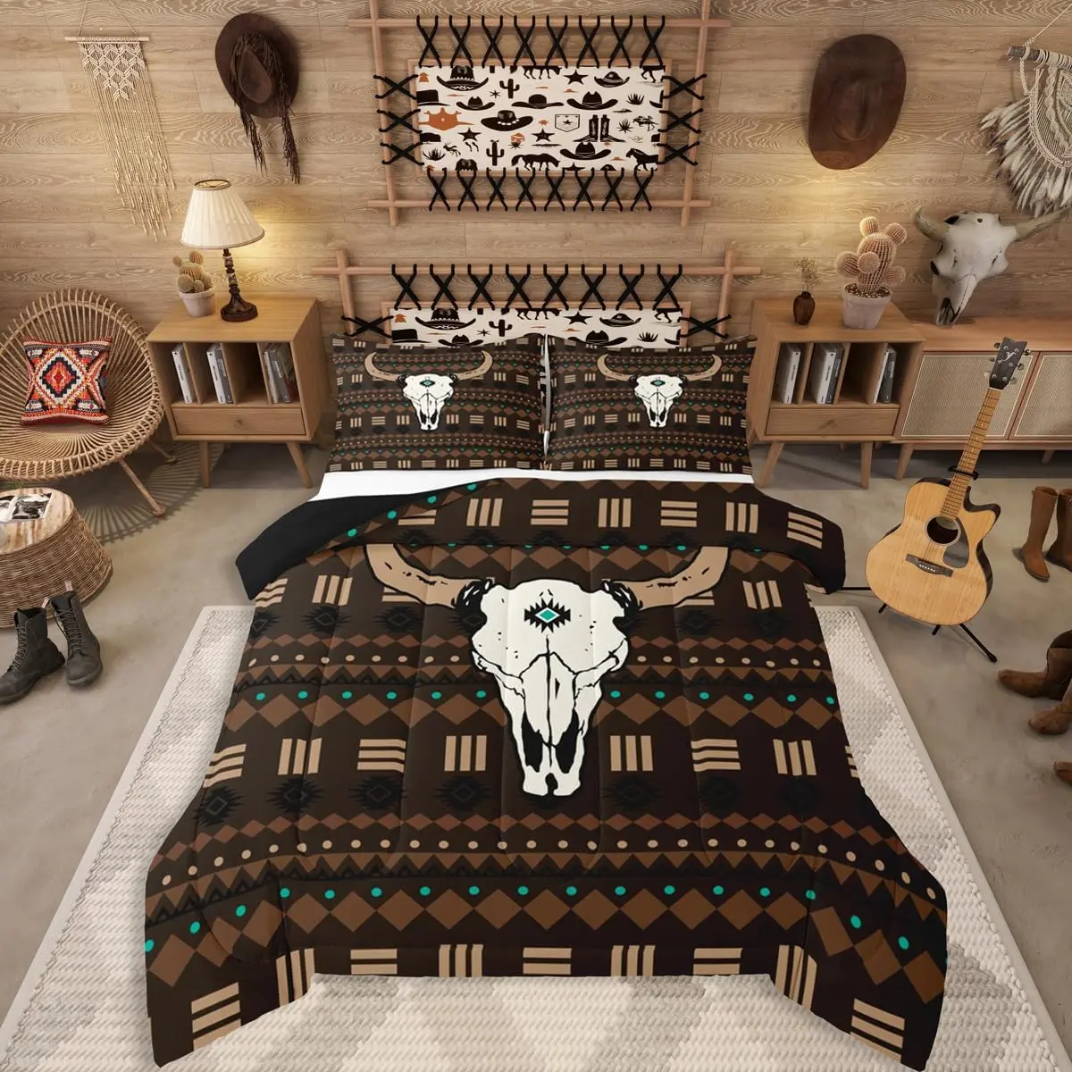 Feelyou Queen Size Breathable Quilted Decorative Lightweight Theme Bedding Set - Microfiber Bohemian Quilt with Duvet Insert, Boho Aztec, Western Cowboy Bull Skull, Native Ethnic Horns Designs, Breathable Quilt Set