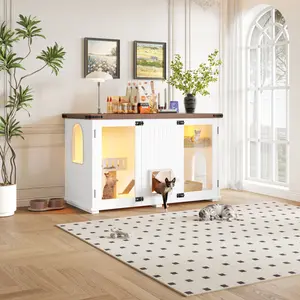 47.25" Large Cat Litter Box Enclosure with LED Light, Hidden Litter Box Furniture, Cat House with Stairs and Cat Scratching Post, Cat Cabinet Side Table with Smart Doors for Living Room, White