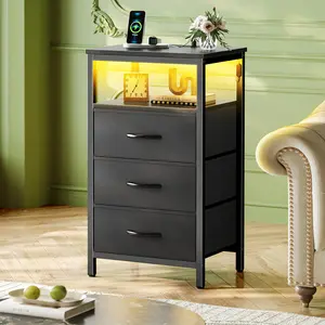 Huuger Night Stand with Charger Station and LED Lights, 3 Drawer Nightstand, Bed Side Table with Open Shelf, Tall Fabric Dresser for Bedroom room decor