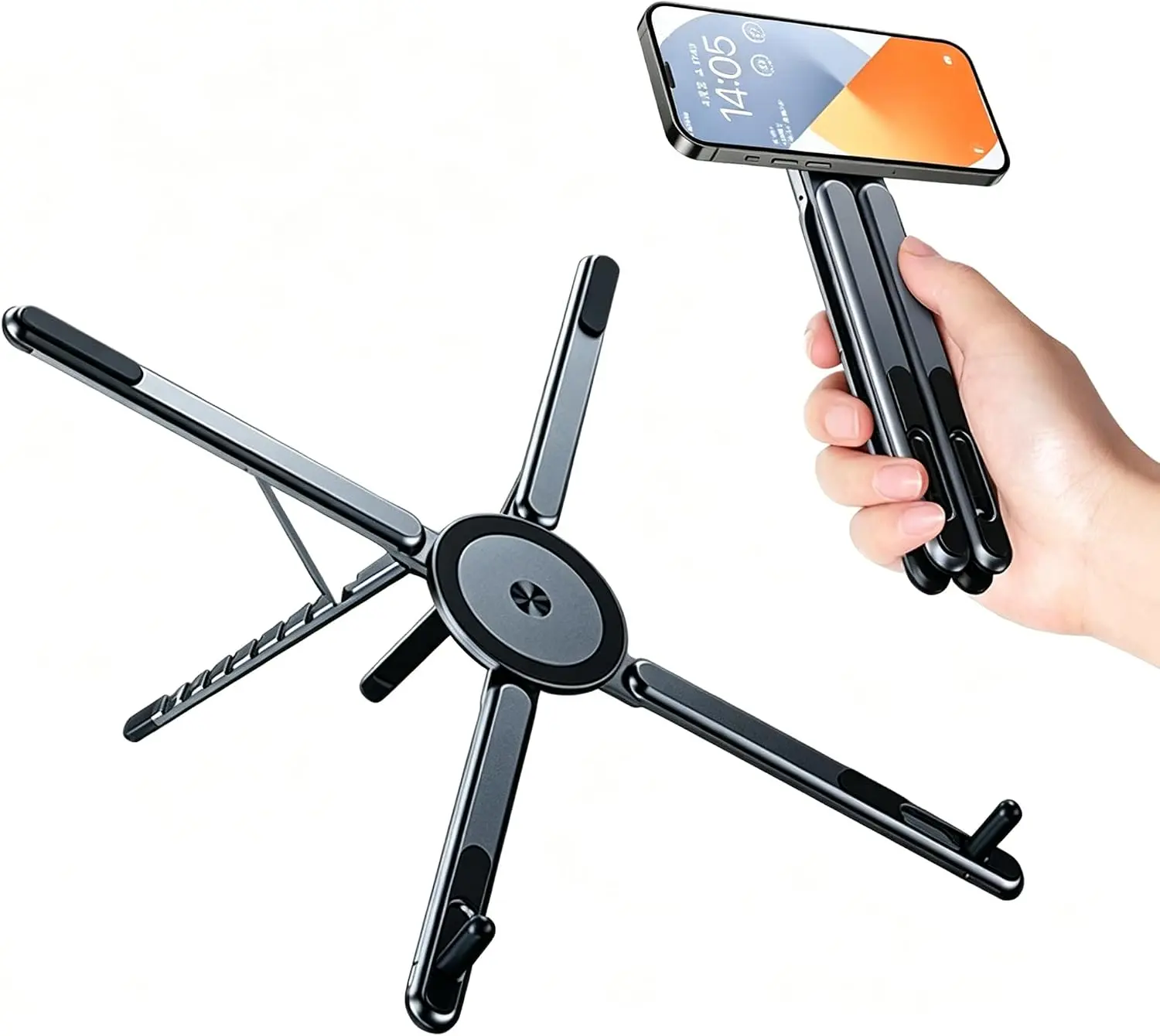 Portable Laptop Stand for Desk, Foldable Adjustable Computer Riser with Magnetic Phone Holder, Aluminum Laptop Stand for 10–16” Laptops & 4–13” Phones/Tablets
