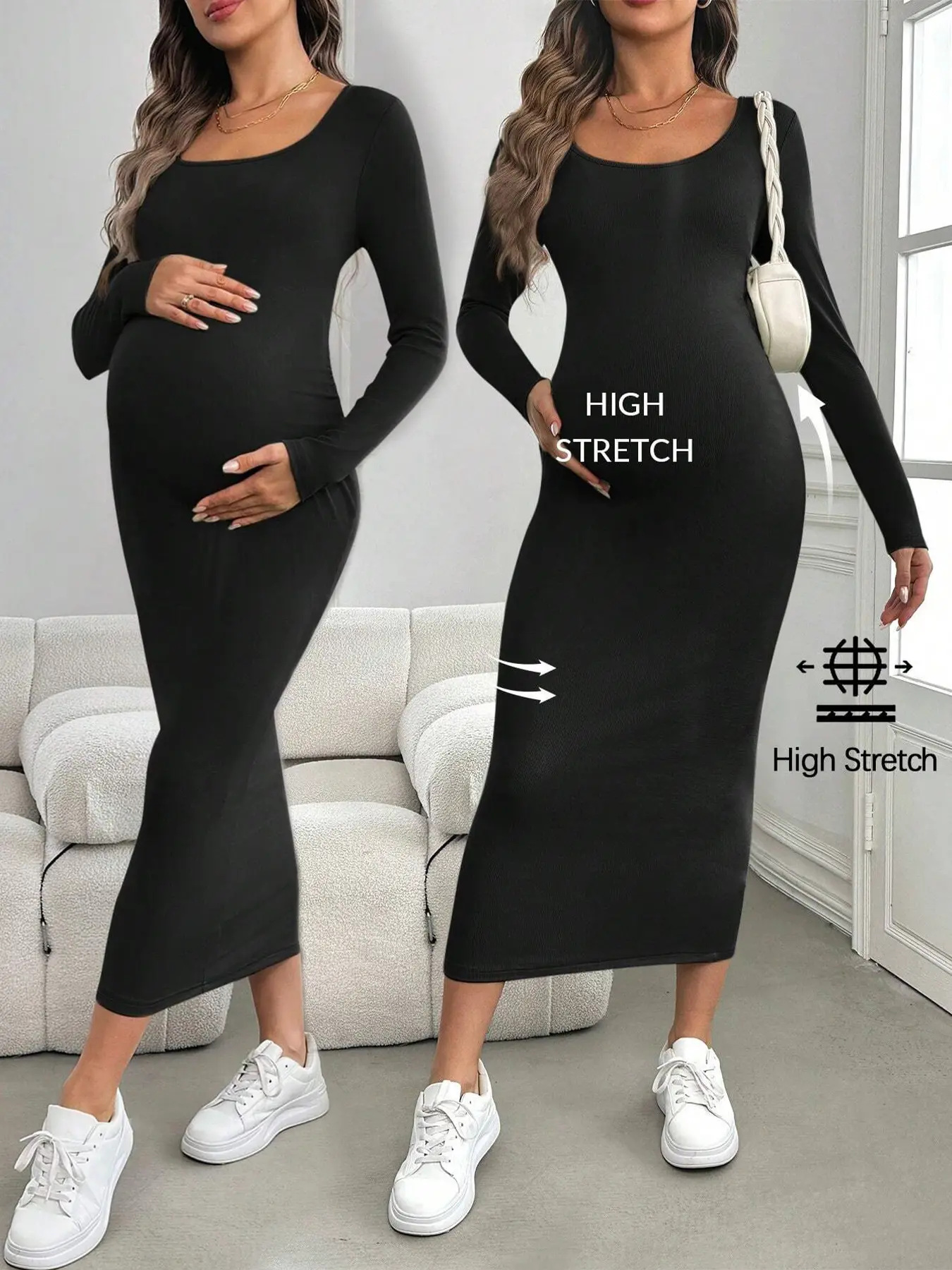 Elegant Long Sleeve Maternity Dress, Pure Color Pregnancy Gown, Fitted Women's Pregnant, Stylish and Comfortable, Maternity Clothing, Prenatal Maternity Clothing, Pregnancy Clothes, Pregnancy Outfits, Maternity Wear, Maternity Apparel