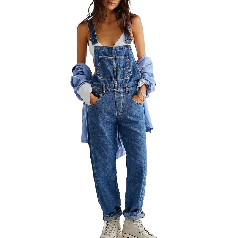 AIbart Women's Sleeveless Strappy Denim Bib Overalls - Casual Everyday Barrel Leg Adjustable Strap Jumpsuits with Pockets, Casual Overalls, Classic Denim Overalls, Chic Relaxed Overalls