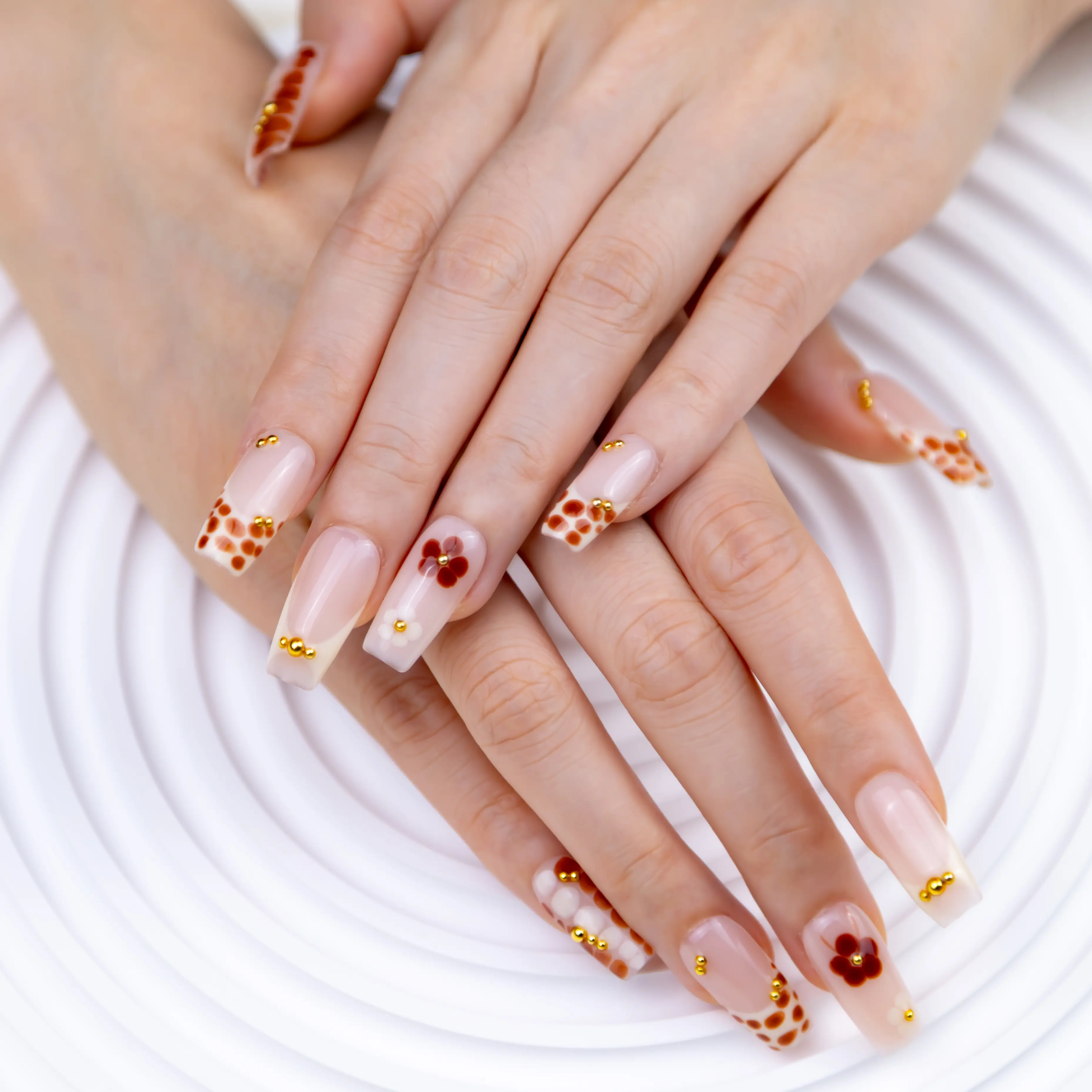 Handmade Press On Nails, 10 Pcs Long Coffin Nude Set with 3D Rhinestones & Gold Foil | Reusable Daily-Luxe Manicure, Nail Art Design