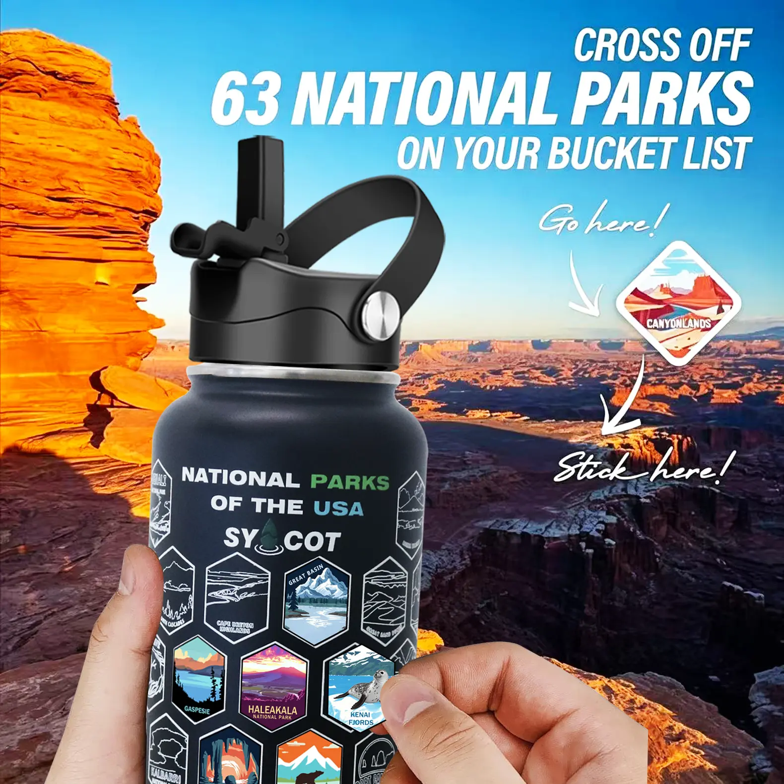 SYACOT 32oz Double-Layer Stainless Steel Insulated Vacuum Flask Water Bottle - Portable, Waterproof, Wide Mouth, Leak-Proof, Washable, Modern Matte Sport Tumbler with 63 Colorful Printed National Park Stickers for Basketball Fans, Gym Use, Water Bottles,