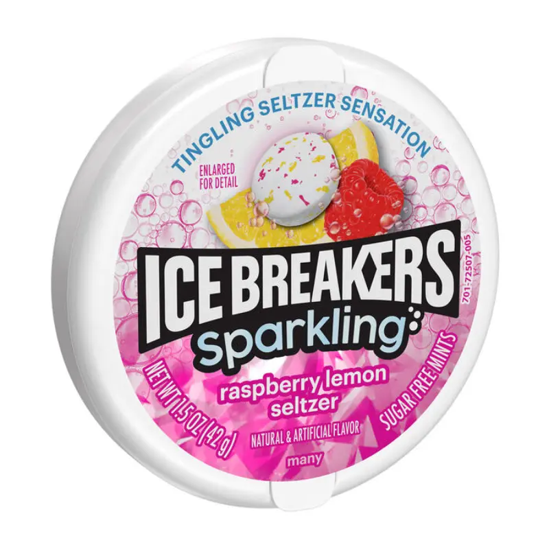 2-Pack Ice Breakers Sparkling Raspberry Lemon Chewing Gum Tins - Sugar-Free, Sodium-Free, Ambient, Natural & Artificial Flavor, Fresh Breath, On-The-Go 1.5oz Snack Treat