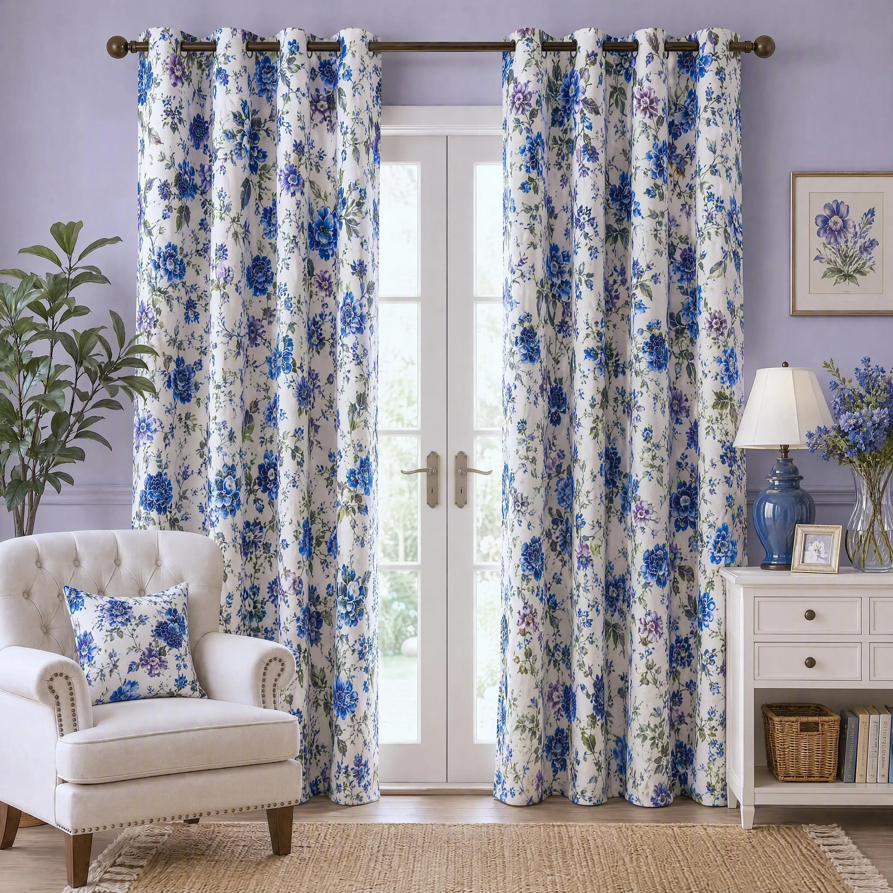 Metallic Foil Art Dark Curtains Blackout 2-Panel Set (52x84 in), Shimmer Floral Print Thick Polyester Drapes, Thermal Insulated Energy-Saving Grommet Window Treatment with Grommet Slide Ease, Home Decorative Curtain for Quiet Room Bedroom QF121
