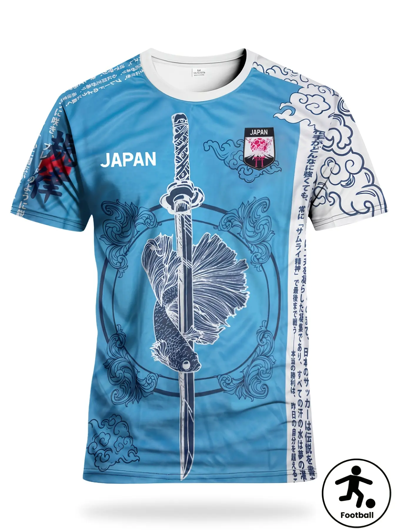 Japanese Special Edition Men's Football Shirt - Samurai Print Round Neck Comfortable Sports Top - Moisture-Wicking Breathable Knit Fabric - Featuring Japanese Samurai Culture and Katana Pattern Print - Suitable for Football Matches, Training, Daily