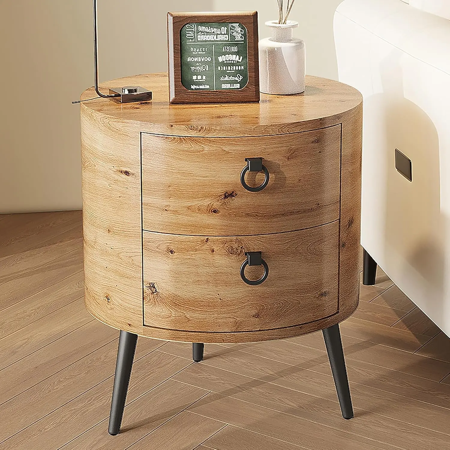 Round Side Table with Drawers Modern Night Stand with Storage Wooden Accent End Table Circle Bedside Table with Metal Legs for Living Room Bedroom (Natural)