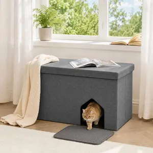 PAWGIANT 3-in-1 Cat Litter Box Enclosure, Multi-Functional Hidden Litter Box Furniture Bench, Dog Proof, Space-Saving Ottoman Cabinet with Lid, Storage Footrest, Foldable Cat Washroom Bench with Storage Space, 35.4"x19.7"x19.7"-L