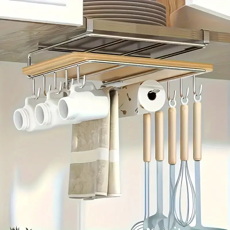 Multifunctional Under-Cabinet Hangable Kitchen Organiser - With Cup Hooks, Under-the-Cabinet Paper Towel Holder, and Cutlery Holder, No