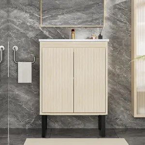 24 Inch Bathroom Vanity with Sink, Floor - Standing Structure for Stability, Soft - Closing Drawers for Noiseless Operation, Sleek Oak Finish for Modern Aesthetic