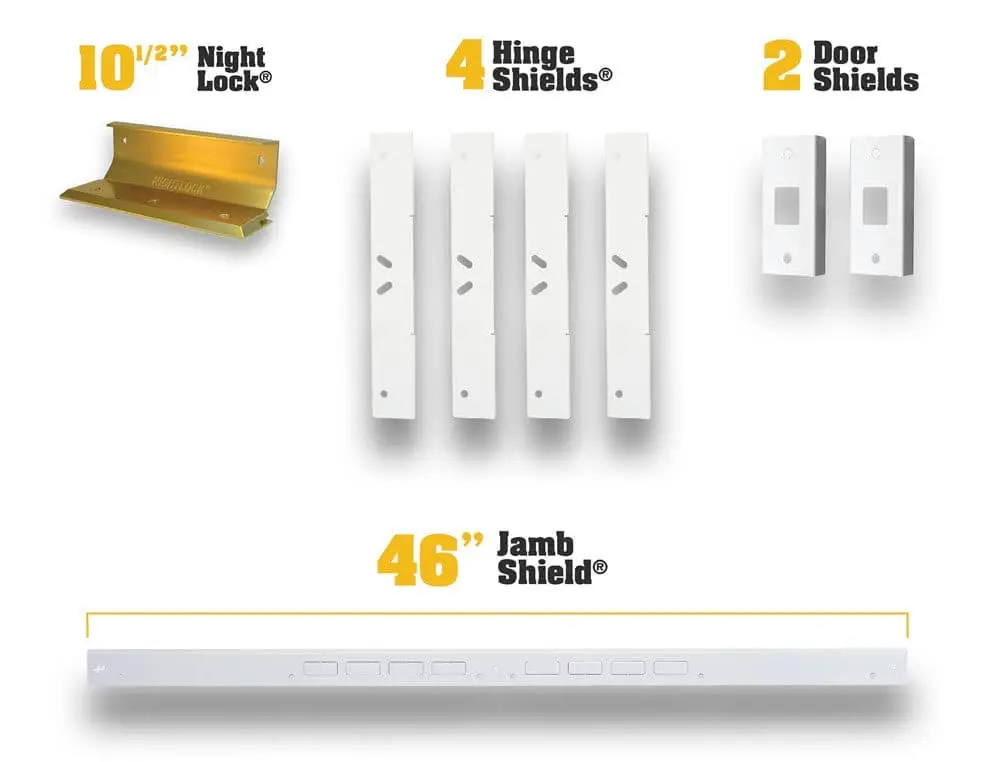 Door Armor Ultimate Double Door Security Kit with 10 1/2" Night Lock System 4 Hinge Shields 2 Door Shields & 46" Jamb Shield for Enhanced Home Defense