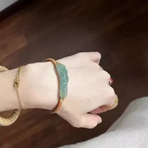 Women's Leather Drawstring Adjustable Customizable Fit Bracelet Bangle, Vintage Simple Faux Jade Design, Elegant Ladies' Accessory