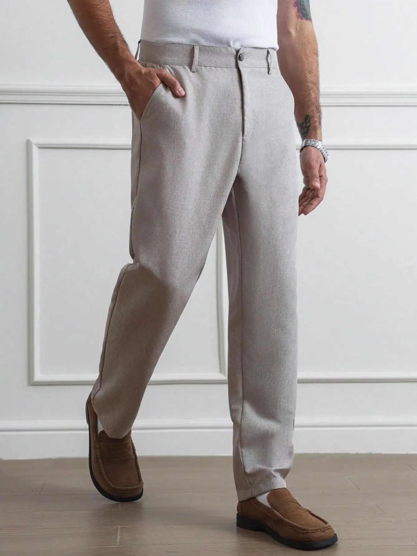 Men's Stylish All-Purpose Classic Fit Stretch Fabric Chinos - Light Grey Flat Front Polyester Fabric Pants with Lightweight Stretch for Smart Casual Office Wear, Belt-Compatible, Plain Menswear Bottoms