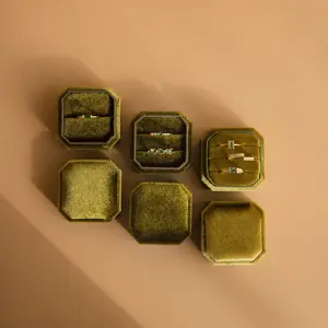 Velvet Ring Box by Caitlyn Minimalist - 1, 2, & 3 Slot Vintage Square Ring Case - Proposal Box in Green, Blue, Cream, & Gold - Anniversary Gift for Her