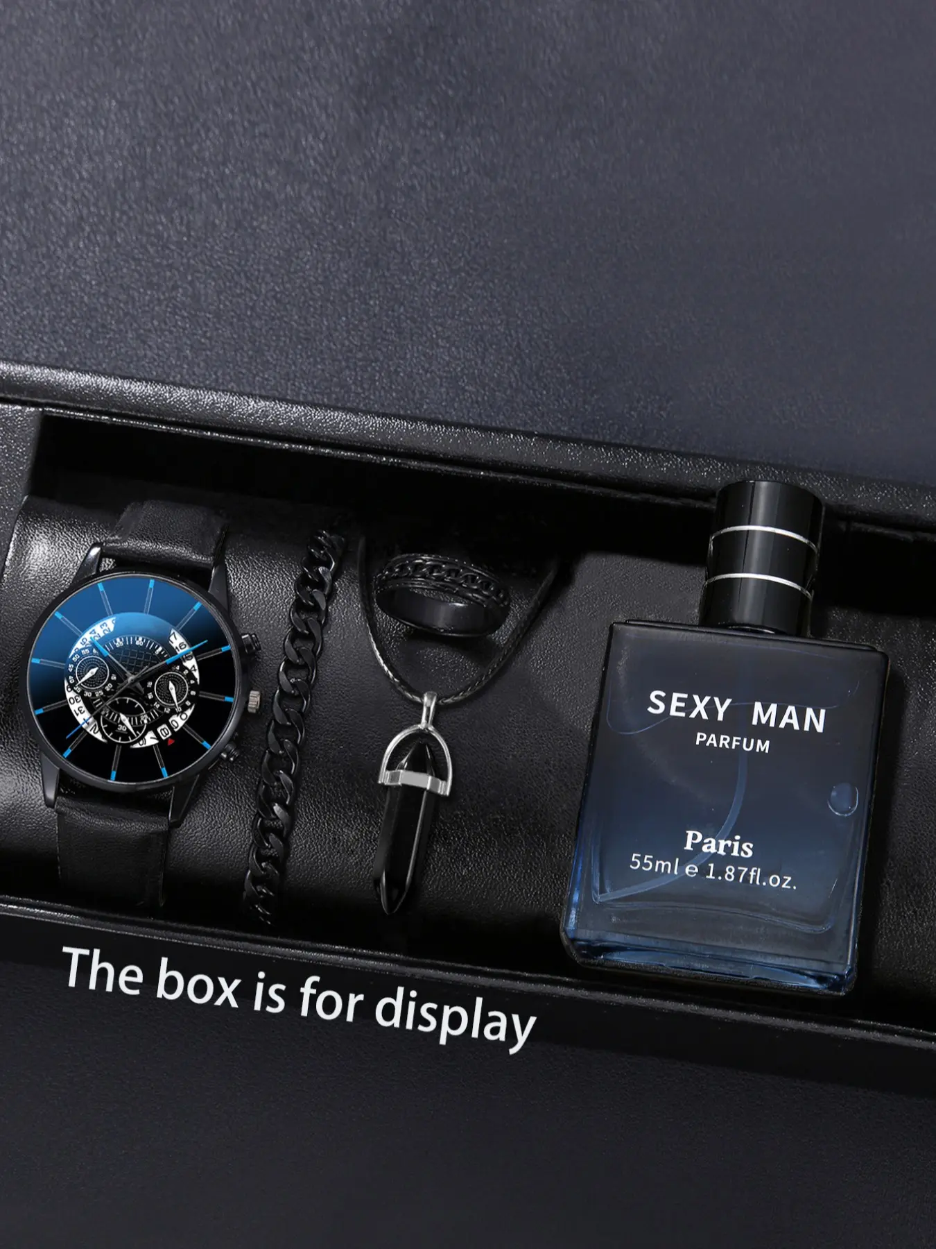 Men's Fashion Watch Set, Exquisite Watch Set, Hollow-Out Calendar Quartz, Elegant Gentleman Perfume Bracelet Necklace Ring Accessories