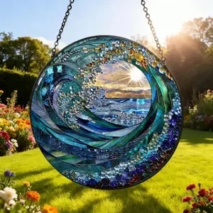 Ocean Wave Stained Glass Suncatcher，Beach Coastal Glass Suncatcher Handmade，Beach House Window Hanging Ocean Suncatcher Gift