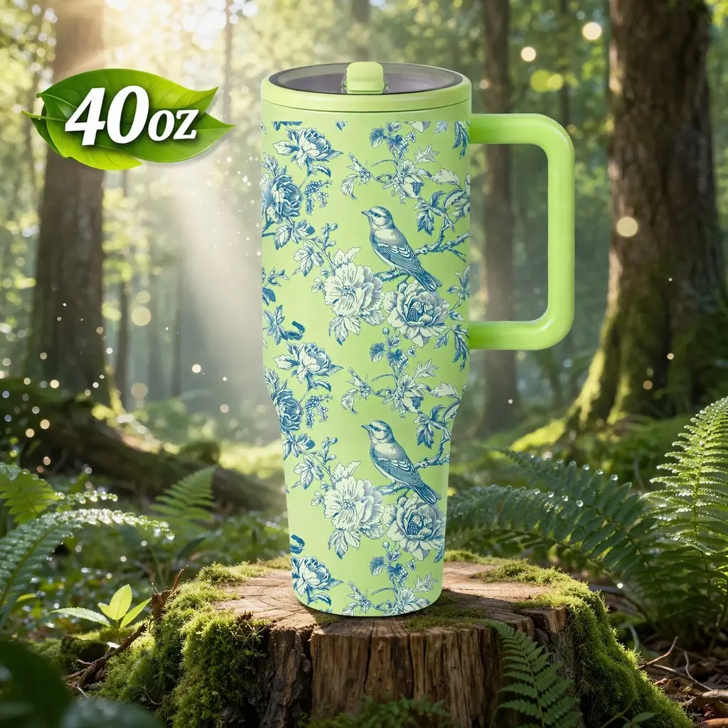 1 Pc 40oz insulated mug, Vacuum Insulated Cups, double wall vacuum mug, leak proof lid, large capacity thermal mug, keeps hot 12h cold 24h, floral bird design, handle cup, for hot cold drinks, gift for women men, home kitchen decor, holiday gift mug