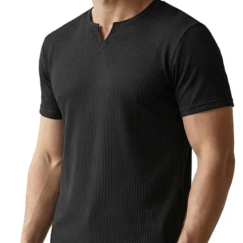 MUSCLE CMDR OFFICIAL Men's Knitting Plain Ribbed Slim-Fit Polyester Blend V-Neck Short-Sleeve T-Shirt - Dry Fit Wicking, Lightweight Transpirable Chic, Gym-Ready Fitness Tops, Father's Day Summer Casual Gift