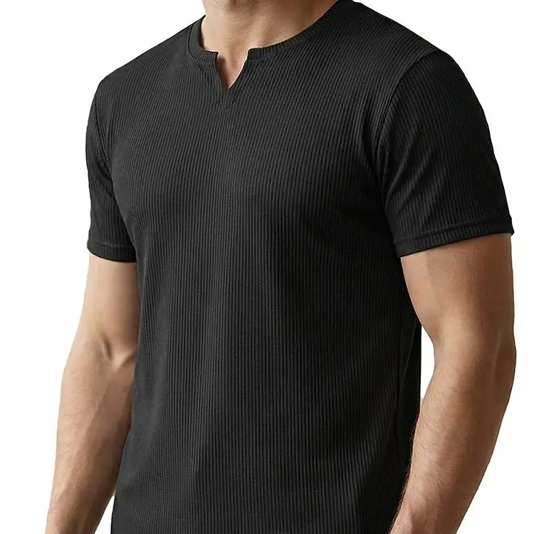 MUSCLE CMDR OFFICIAL Men's Knitting Plain Ribbed Slim-Fit Polyester Blend V-Neck Short-Sleeve T-Shirt - Dry Fit Wicking, Lightweight Transpirable Chic, Gym-Ready Fitness Tops, Father's Day Summer Casual Gift
