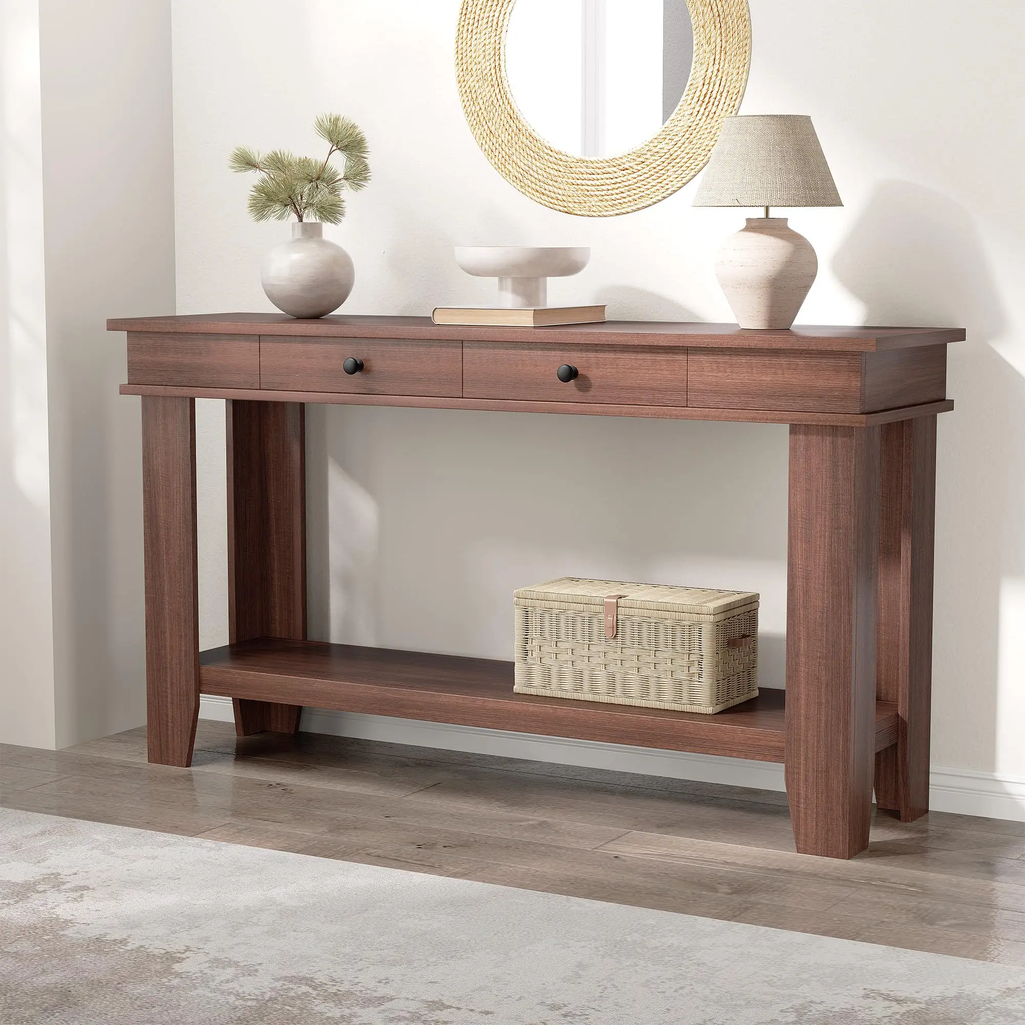 Garvee 54-Inch Wooden Farmhouse Console Table with Drawers and Open Storage Shelf, Suitable for Entryway, Hallway, Living Room, or Behind Sofa, Available in Brown and White Finishes