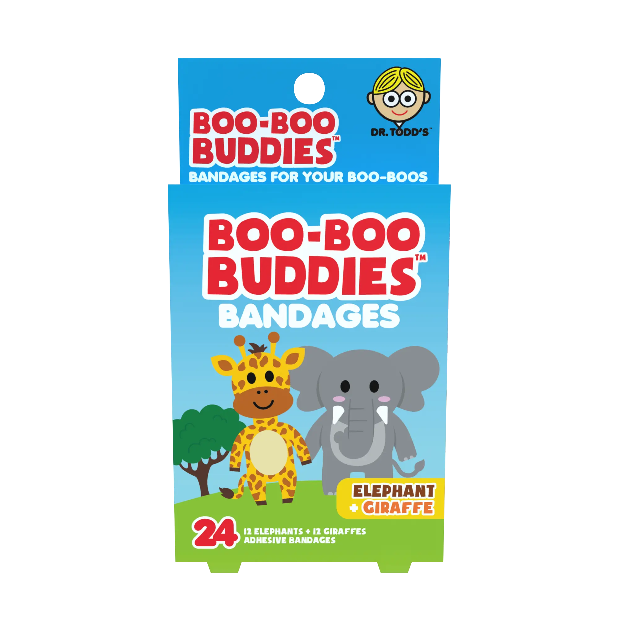 Dr. Todd's Boo-Boo Buddies Elephant & Giraffe Bandages for Kids - Waterproof Latex-Free 24 Count Kit Aid Healthcare Adhesive Bandages