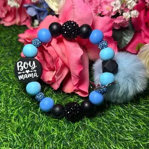 Boy mom wristlet keychain color scheme periwinkle, baby blue, black and bling beads made with wire