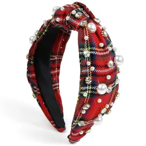 Christmas Headbands for Women Plaid Headbands for Women Knotted, Pearl Rhinestone Embellished Red Plaid Headband Fashion Holiday Women Headbands for Hair Christmas Hair Accessories for Women Pearl Rhinestone Decorated Hair Hoop