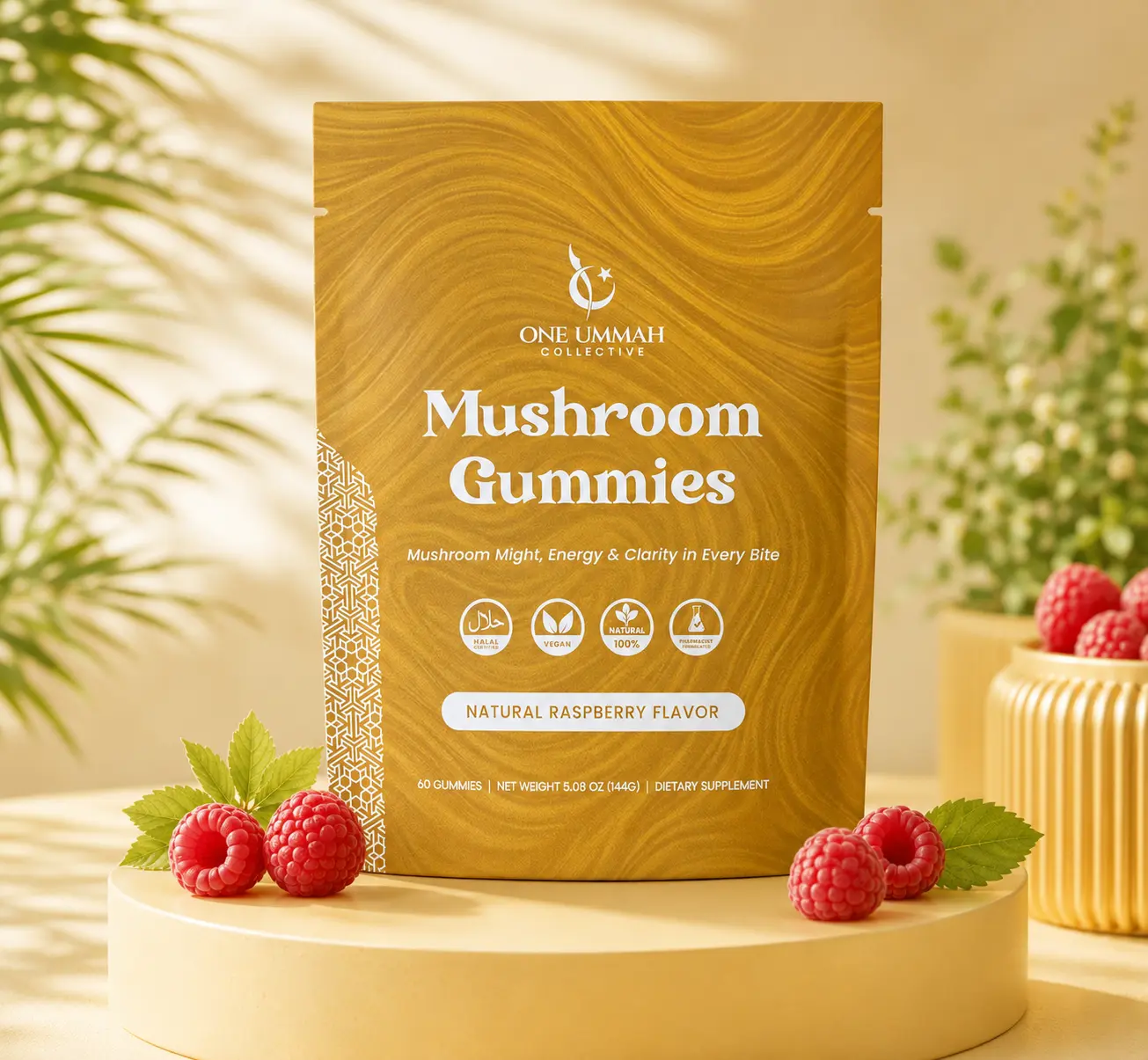 Halal Certified Raspberry Mushroom Gummies - Vegan Chewable Daily Supplement with 10-Mushroom Mix (Chaga, Lion's Mane, Reishi, Cordyceps) - 60 Gummies for Brain Health, Easy Digestion, High Absorption