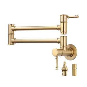 WOWOW Brushed Gold Wall-Mount Double Handle Kitchen Pot Filler - Single Hole, Foldable Arm, Solid Brass Construction, Faucet Aerator, Cold Water Compatible Over Stove, Double Handle Faucet