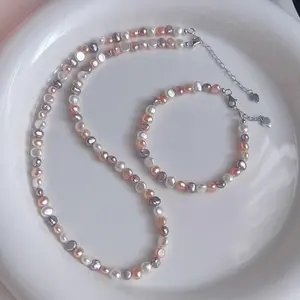 S925 Silver Dopamine Candy Color Natural Freshwater Baroque Pearl Necklace Accessory Women's Clavicle Chain Choker Jewelry