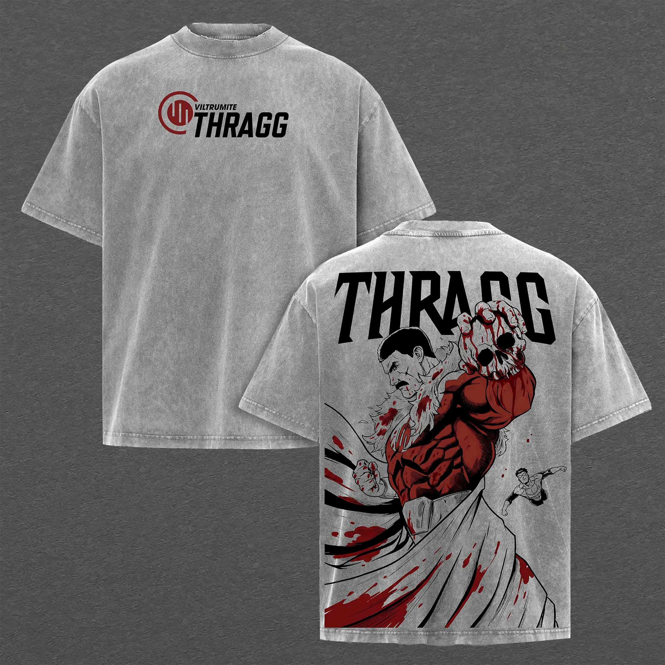Vintage Washed Graphic T-Shirt, Oversized Heavyweight Cotton, Unisex Invincible Comics Thragg Print, Double Sided Streetwear Top