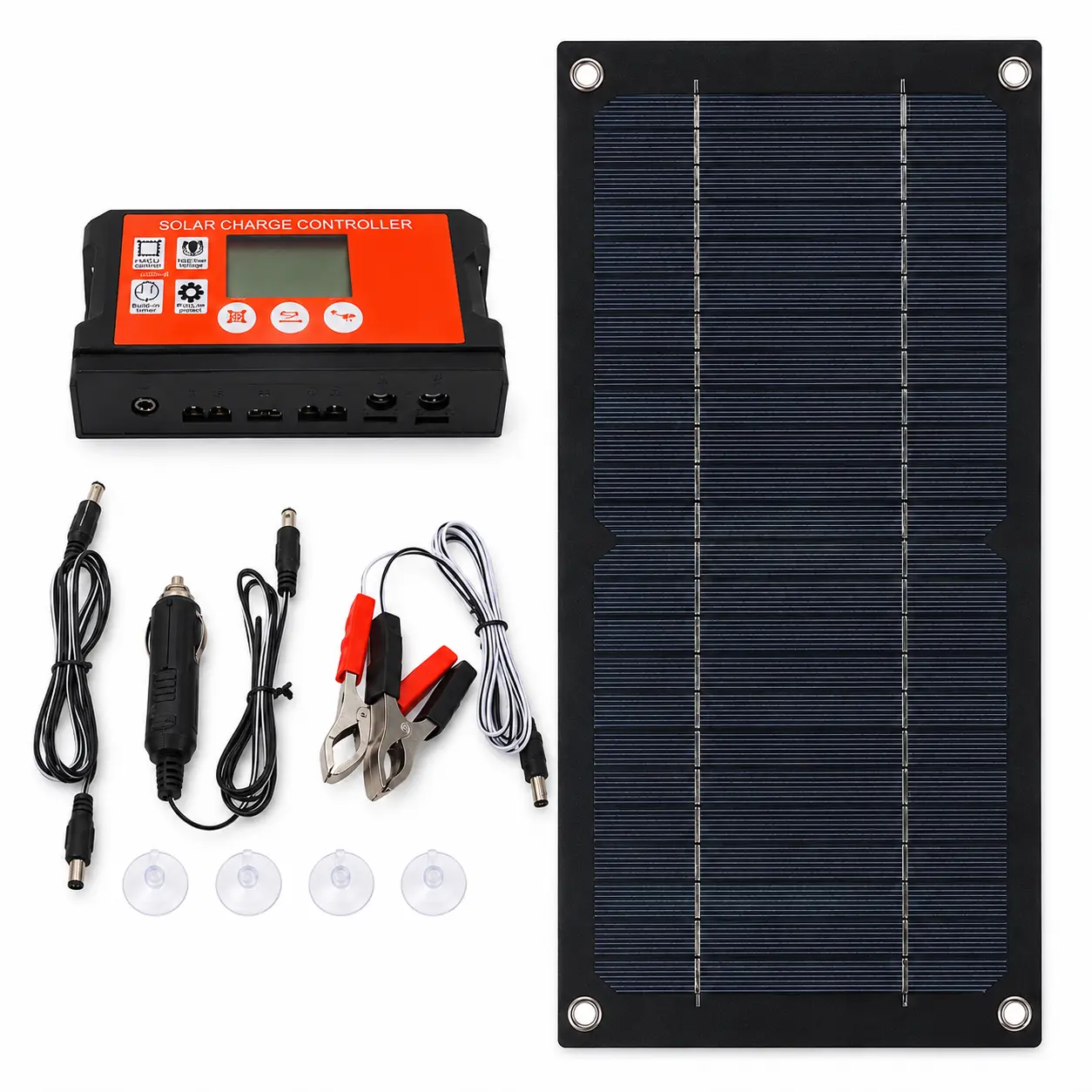 12V Compact Solar Panel Charge Controller Maintenance Kit - Portable Solar Panels Charger with Cigarette Lighter Plug, Alligator Clip, 4 Suction Cups for Cars, RVs, Portable Charger, Charging