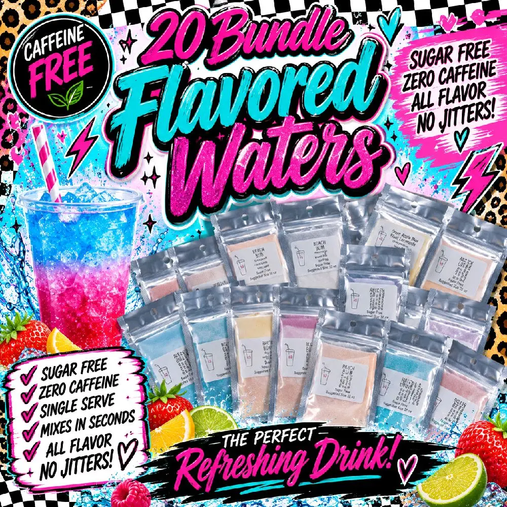 BULK 20 FLAVORED WATERS ZERO CAFFEINE PER ORDER. KID FRIENDLY ZERO CAFFEINE SUGAR FREE SWEETENED WITH SUCRALOSE Drink. YOU MAY GET A FEW OF THE SAME FLAVOR!!