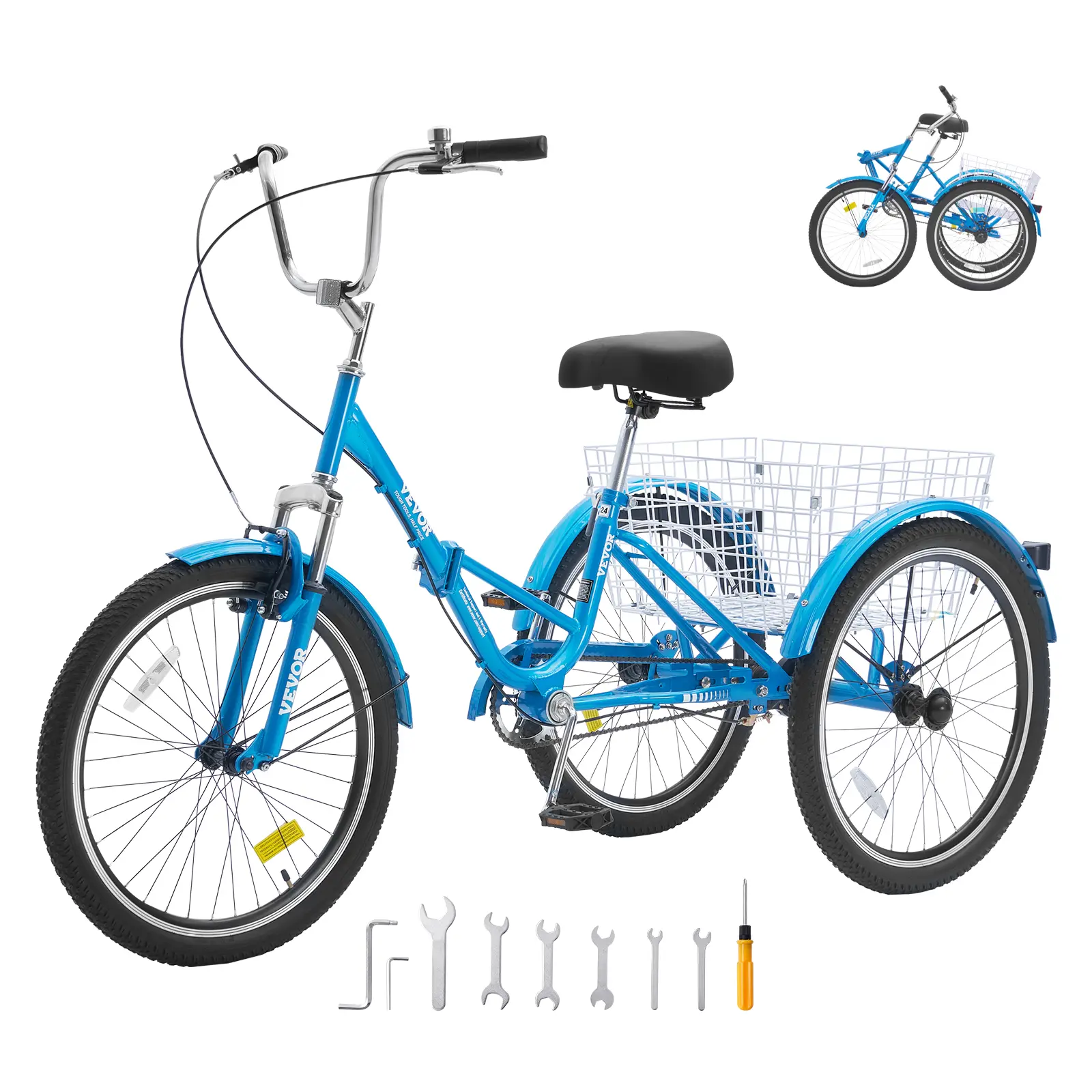 【fathersdaygift】VEVOR Folding Adult Tricycle24-Inch Carbon Steel 3-Wheel Cruiser Bike with HandlebarsLarge BasketAdjustable SeatFoldable for ShoppingPicnic (Bluefor Seniors), City Bike Frame, Lightweight Folding Bike