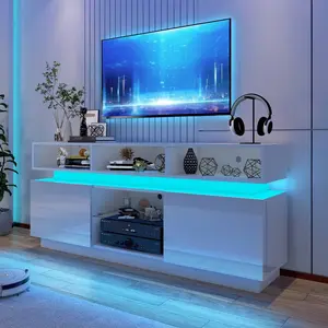 LED TV Stand For 75/80 Inch TV, Modern Tall Entertainment Center With Storage, High Gloss Gaming TV Media Console With Glass Shelf For Living Room