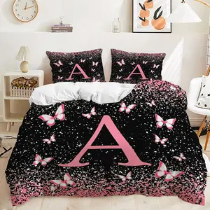 2/3Pcs Personalized 26 Initial Butterfly Duvet Cover Set, Black and Pink Print Bedding Set with Pink Butterflies & 26 Letter, Soft Microfiber  for Girls Teens Bedroom, Stylish Aesthetic Room Decor. Includes 1 or 2 Pillowcase - No Filling/Zipper Closure