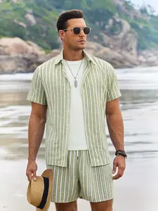 Men's Striped Set, Tropical Outfit, Fitted, Casual Commuter Style, Fresh Colors, Comfortable Material, Breathable, Versatile Design, Summer Daily Wear