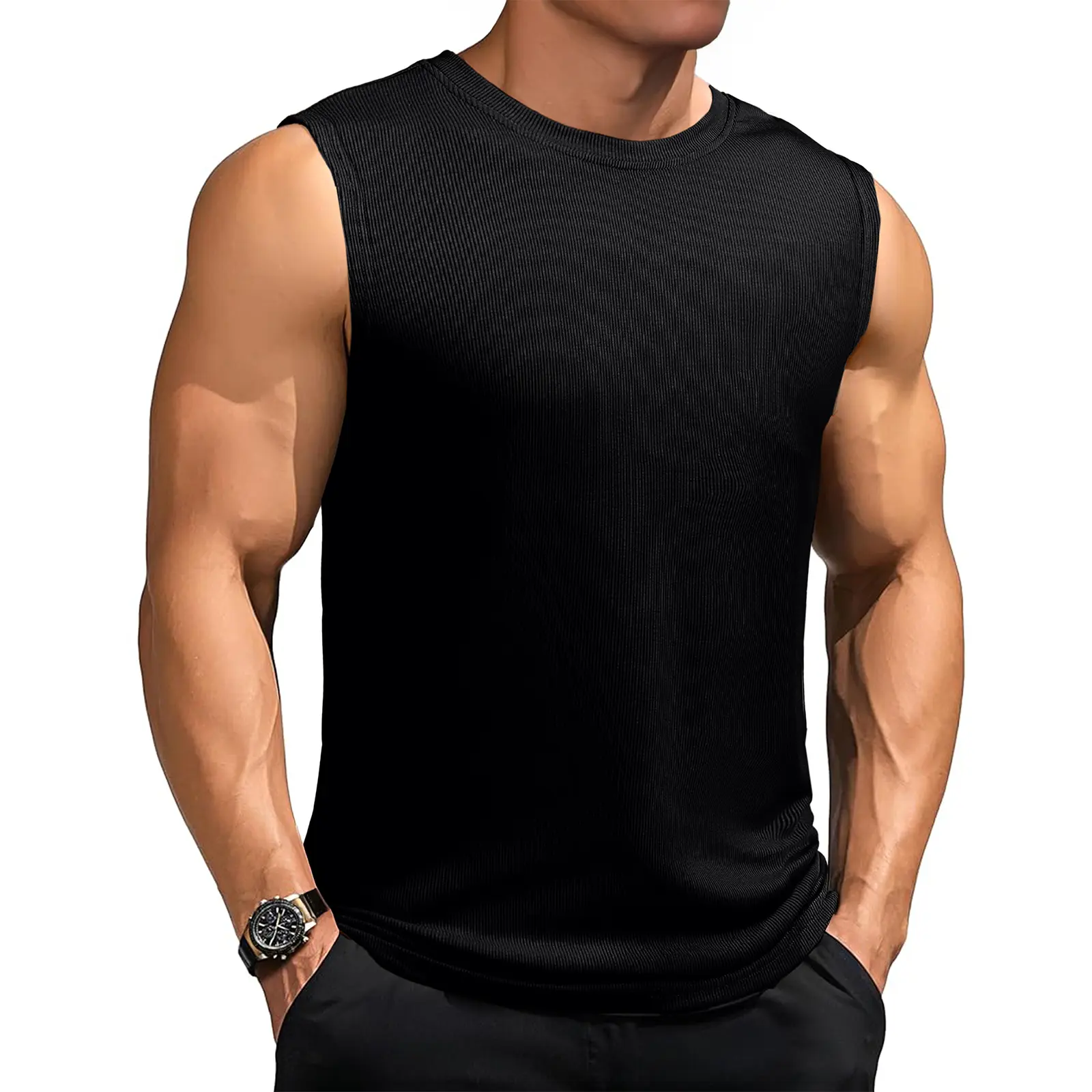 JMIERR Men's Ribbed Tank Tops Knit Sleeveless Workout T Shirt Muscle Gym Fitness Tee